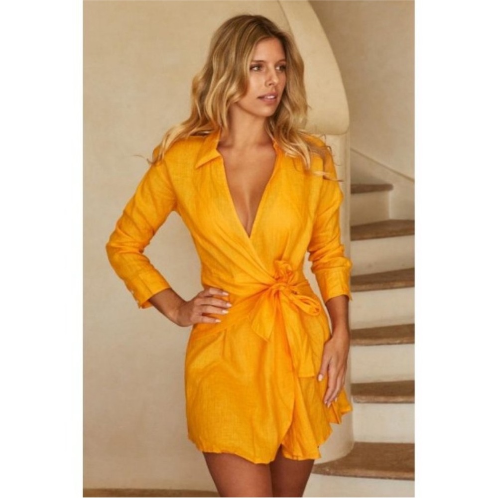Monday Swimwear Yellow Long Sleeve Wrap Dress